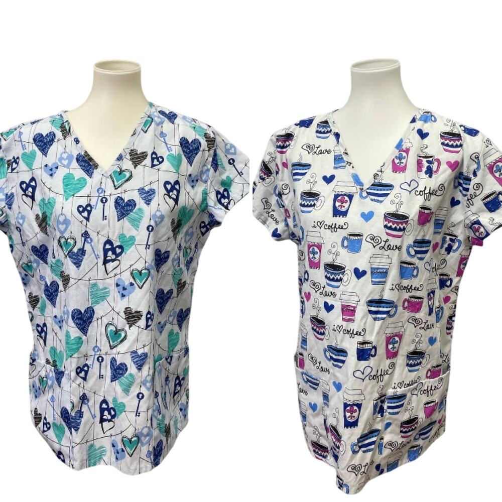 Lot of 2 24/7 Comfort Womens Large Cotton Blend Love Coffee V-Neck Scrub Tops